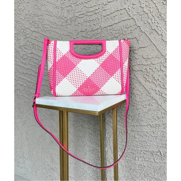 KATE SPADE Pink & White Plaid Gingham Alexia Woven Clutch Crossbody Bag